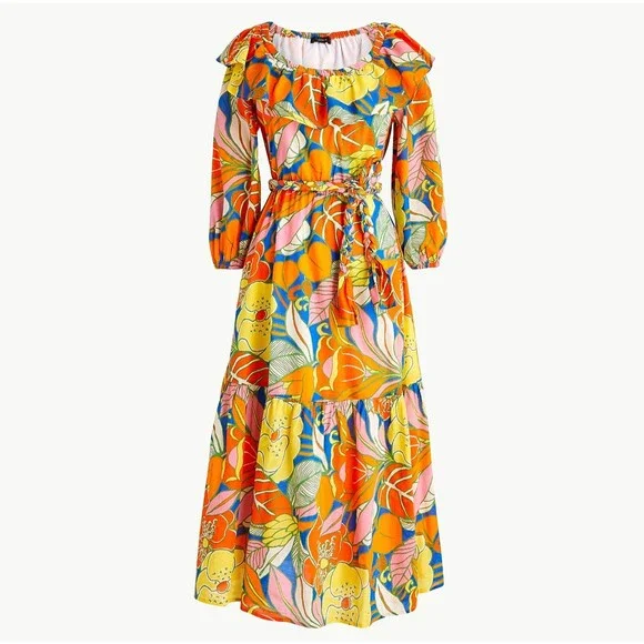 J. Crew Belted Dress Large Floral Tropical Ruffle Neck Midi Balloon Sleeve Retro - Picture 13 of 13